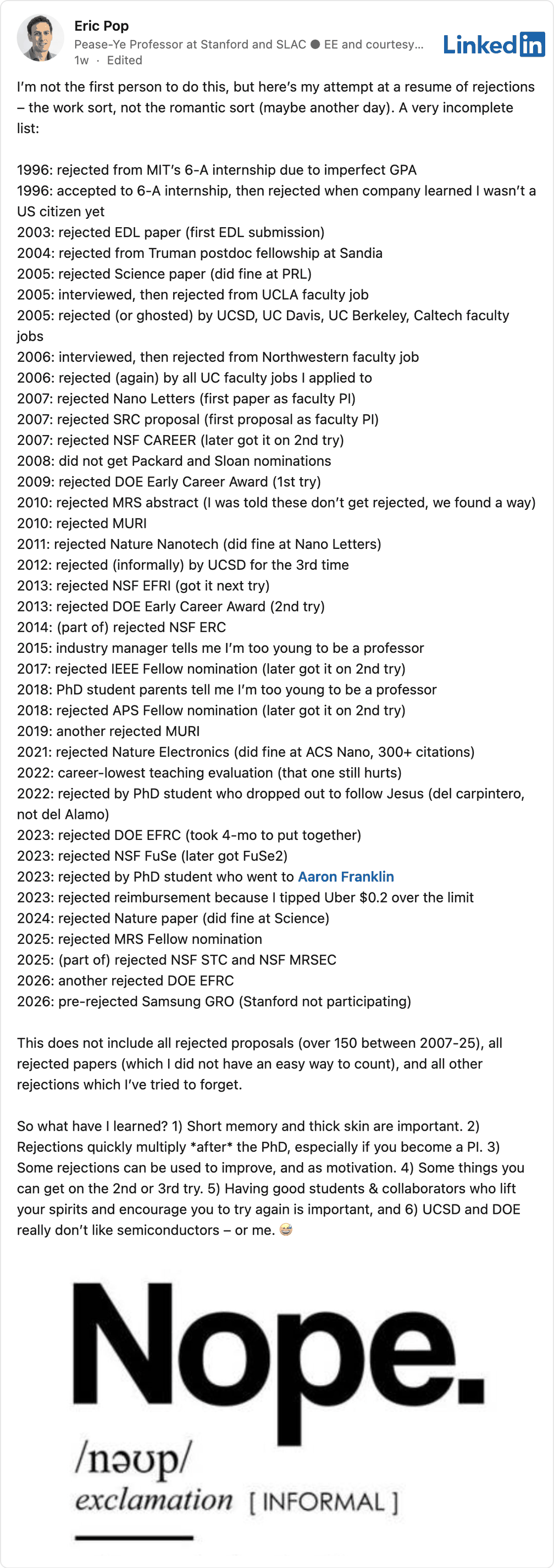 Eric Pop's CV of failures